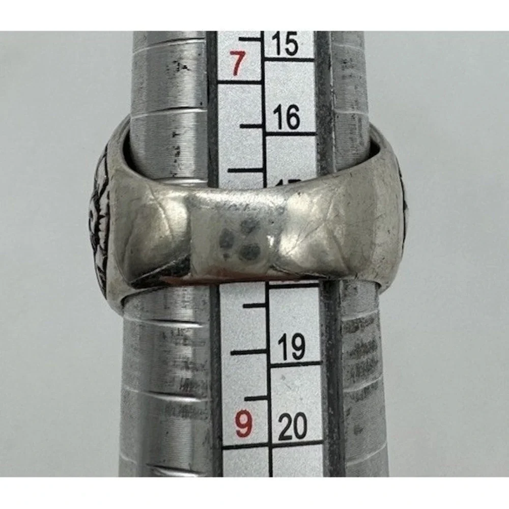 Southwestern 925 Silver Vintage Engraved Cigar Band Turquoise Inlay Ring Sz 8